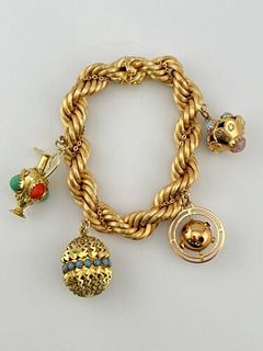 Vintage Etruscan 18 Karat Yellow Gold Multi Gems Charm Bracelet