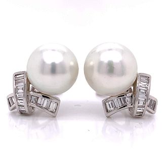 Platinum and 18K South Sea Pearl and Diamond Earrings