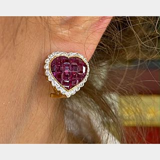 18K Yellow Gold Ruby and Diamond Heart Earrings