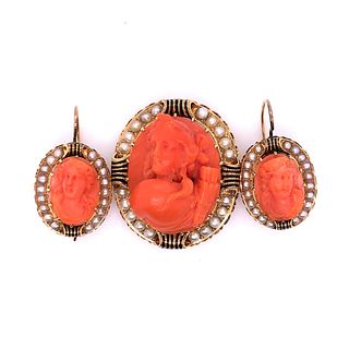Antique Gold and Italian Coral Earring and Brooch Set