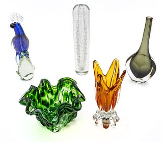 Art Glass Vases, Bowl & Figurine, Feat. Murano & Orrefors, Ca. 1960, H 13'' Dia. 3'' 5 pcs