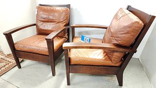 PR SAM MOORE CHEVY MISSION STYLE ARM CHAIRSS W/LEATHER UPHOLS