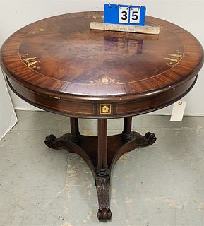 CARVED MAGH. CENTER TABLE W/MOP AND BURL WALNUT INLAY 28-1/2"H X 32"DIAM