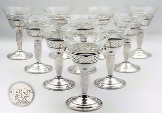 19th C. Set Of 10 Redlich Sterling Silver Shot Glasses, Screw on Crystal Glass
