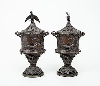 After Pierre-Jules Mêne (1810-1879): Pair of Bronze Covered Urns