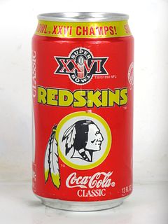 1992 Coca Cola Washington Redskins Superbowl 12oz Can