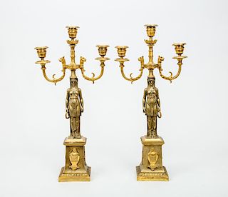 Pair of Empire Style Gilt-Metal Three-Light Figural Candelabra
