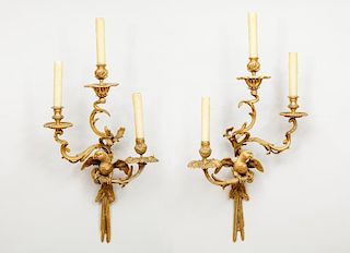 Pair of Louis XV Style Gilt-Metal Three-Light Sconces with Parrot Motif
