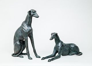 Pair of Bronze Patinated Figures of Greyhounds, Modern