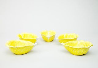 Set of Five Portuguese Majolica Yellow Lettuce Leaf-Form Bowls