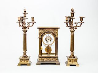 Suite of Empire Style Clock Garniture and Pair of Candlesticks