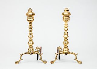 Pair of Federal Style Brass Machine-Turned Andirons