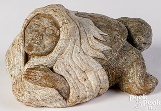 Carved steatite stone turtle with Earth mother