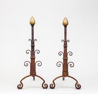 Pair of Baroque Style Wrought-Iron Andirons
