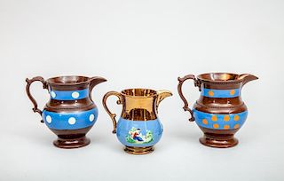 Three English Copper Lustreware Ceramic Jugs