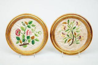 Pair of Continental Silk Embroidered Floral Rondels