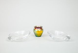 Pair of Steuben Glass Ashtrays and a Steuben Aurene Iridescent Gold Glass Small Vase