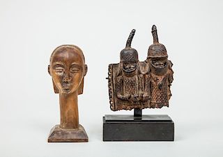 Benin Bronze Group of Two Figures and an African Carved Wood Head of a Girl