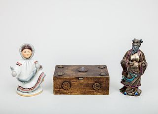 Chinese Silver Enamel-Mounted Figure of an Immortal, a Chinese Brass Tripod Box, and a Modern Russian Figure of an Eskimo Chi