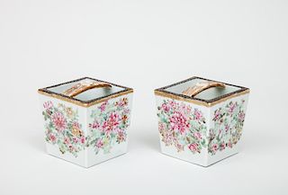 Pair of Modern Chinese Famille Rose Porcelain Floral-Enameled Square Baskets