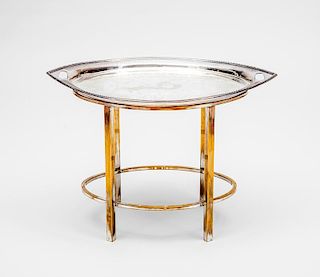 English Silver-Plated Tea Tray on Rubbed Brass Stand