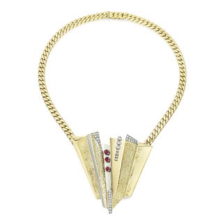 Abstract Diamond and Gold Pendant with Gold Chain