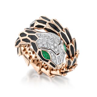 Diamond Emerald and Enamel Snake Ring