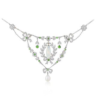 Edwardian Opal Pearl and Diamond Bow Necklace