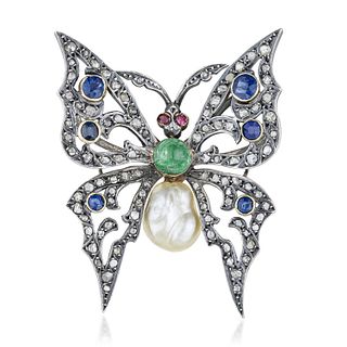 Antique Natural Pearl Emerald Sapphire and Diamond Butterfly Brooch, GIA Certified