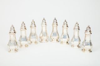 Set of Eight Durgin Monogrammed Silver Pear-Form Footed Pepperettes