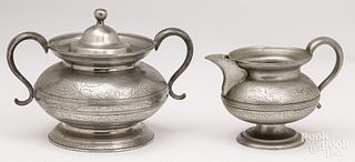Pewter sugar bowl and creamer, ca. 1825