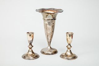 Bailey, Banks and Biddle Monogrammed Silver Weighted Vase and a Pair of Silver Weighted Low Candlesticks