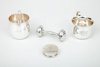 Allan Adler Monogrammed Silver Baby Mug, a Stone Monogrammed Mug, a Pewter Barbell Baby Rattle, and a Continental Pill Box