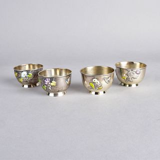 Set of Four Sanju Saku Sterling Sake Cups