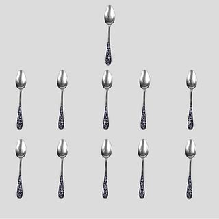 Eleven Russian Niello 875 Silver Spoons