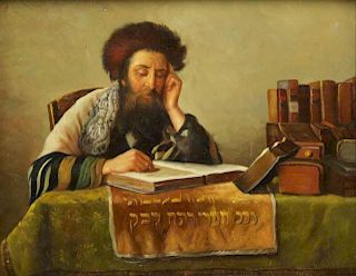 Judaic Oil on Panel. Rabbi Studying.