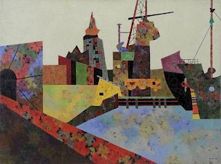 GROSS, Sidney, Oil on Canvas. Modernist Harbor