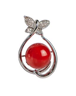Natural red coral and diamond 14K pendant