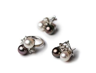 Pair of pearl, diamond 14K earrings and 18K ring