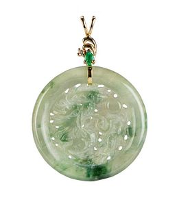 Natural jade dragon and emerald 14K pendant