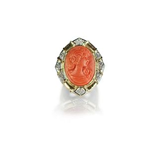 Coral lady and diamond 14K ring