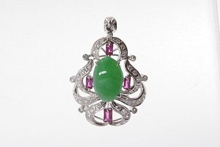 Natural jadeite, sapphire& diamond 14K pendant