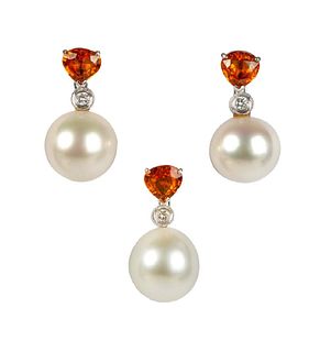 Pearl, sapphire and diamond 14K earrings pendant