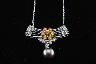 Pearl, yellow quartz& diamonds pendant/brooch