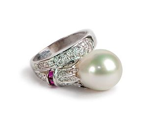 Cultured pearl, ruby and diamond 18K ring