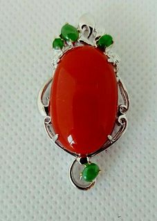 Natural red coral and jade 14K pendant