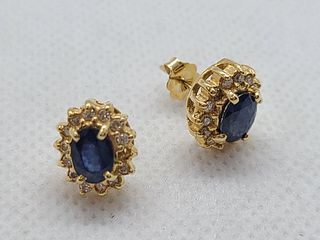 Pair of natural sapphire & diamond 14K earring, re