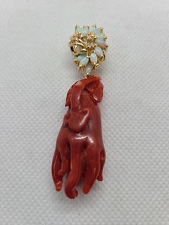 Natural coral Buddha hand & opal 14K pendant, repo