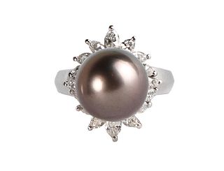 Natural black pearl and diamond platinum ring with