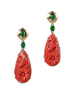 Pair of orange red coral and jade 14K earring